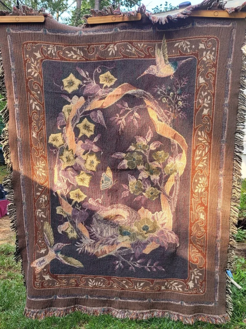 Vintage Hummingbird Tapestry Throw Blanket Floral Butterfly Cottagecore